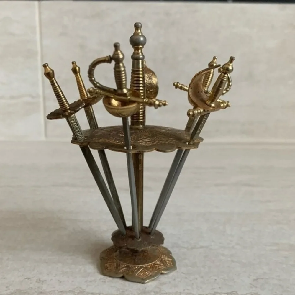 Vintage Spanish Toledo Cocktail Swords Picks Set 6 Gold Silver Metal Stand 4